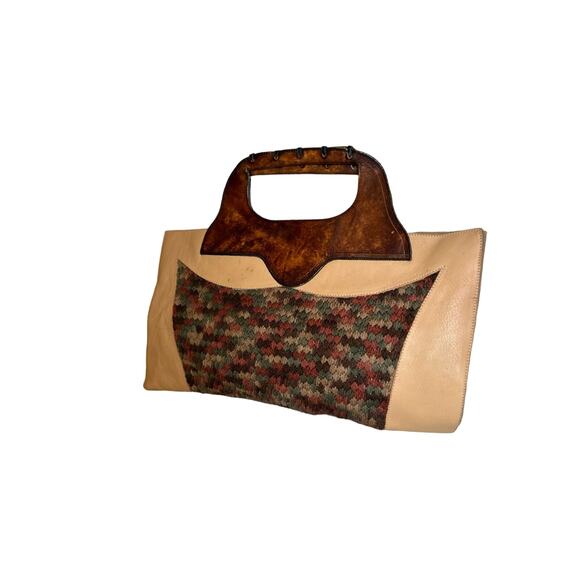 Vintage Leather Bag Crochet Top Handle Clutch Handmade - Picture 5 of 9